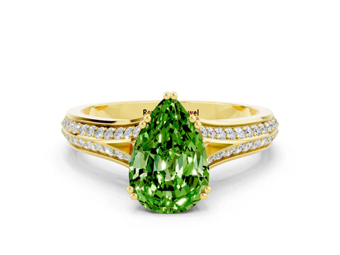 Yellow gold Pear Cut Peridot Split Shank Engagement Ring with Pavé Band
