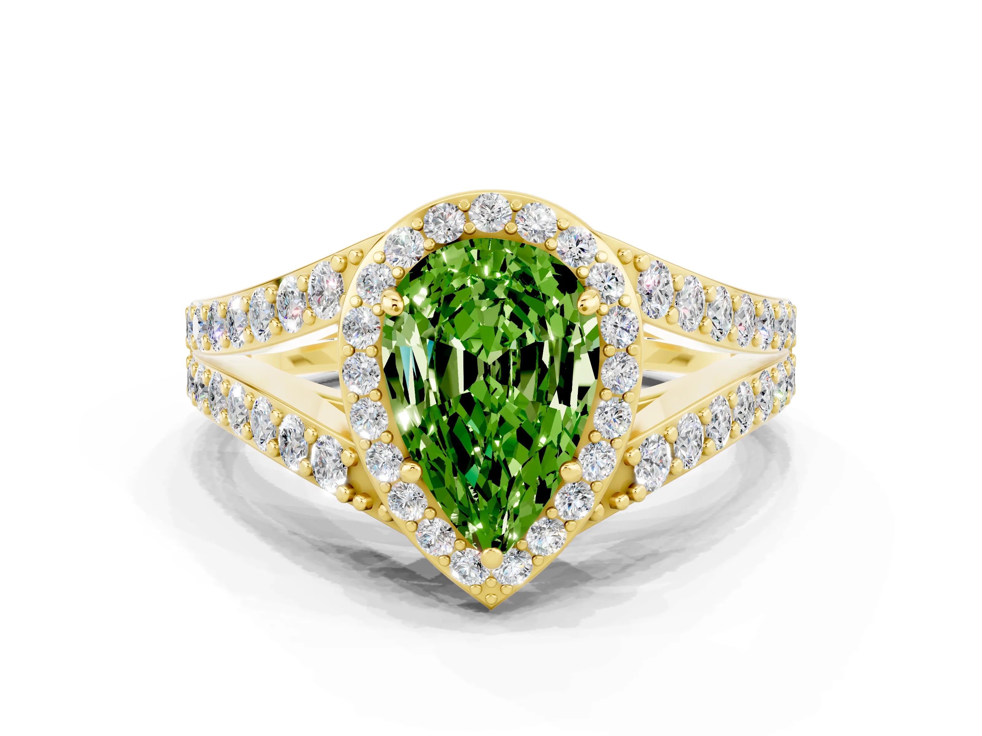 Yellow gold Pear Cut Peridot Split Shank Halo Ring with Four-Prong Setting_12