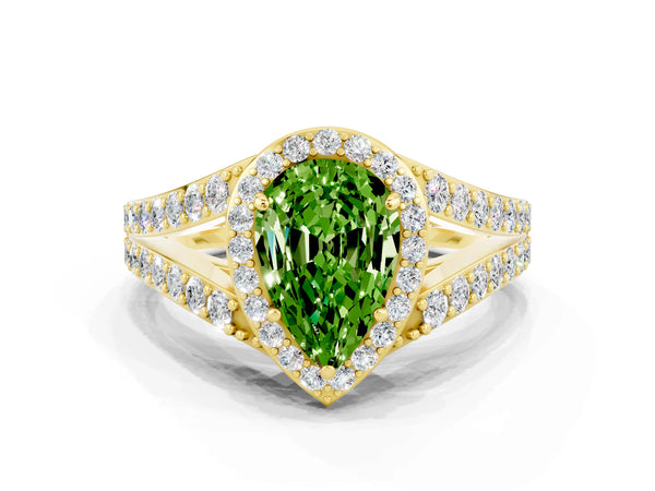 Yellow gold Pear Cut Peridot Split Shank Halo Ring with Four-Prong Setting