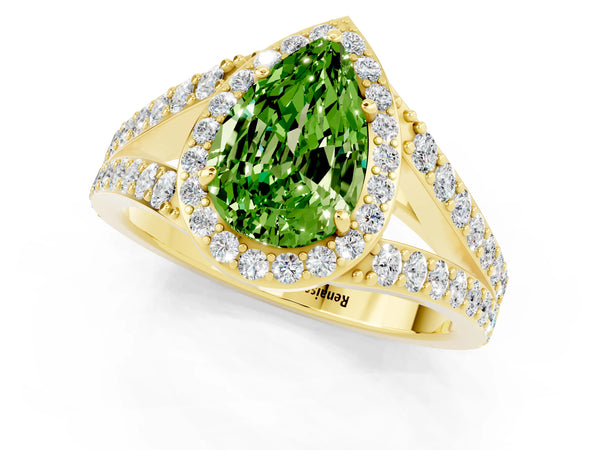 Yellow gold Pear Cut Peridot Split Shank Halo Ring with Four-Prong Setting