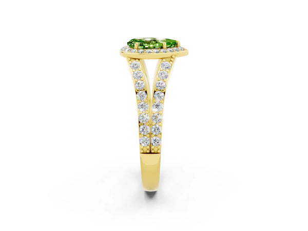 Yellow gold Pear Cut Peridot Split Shank Halo Ring with Four-Prong Setting