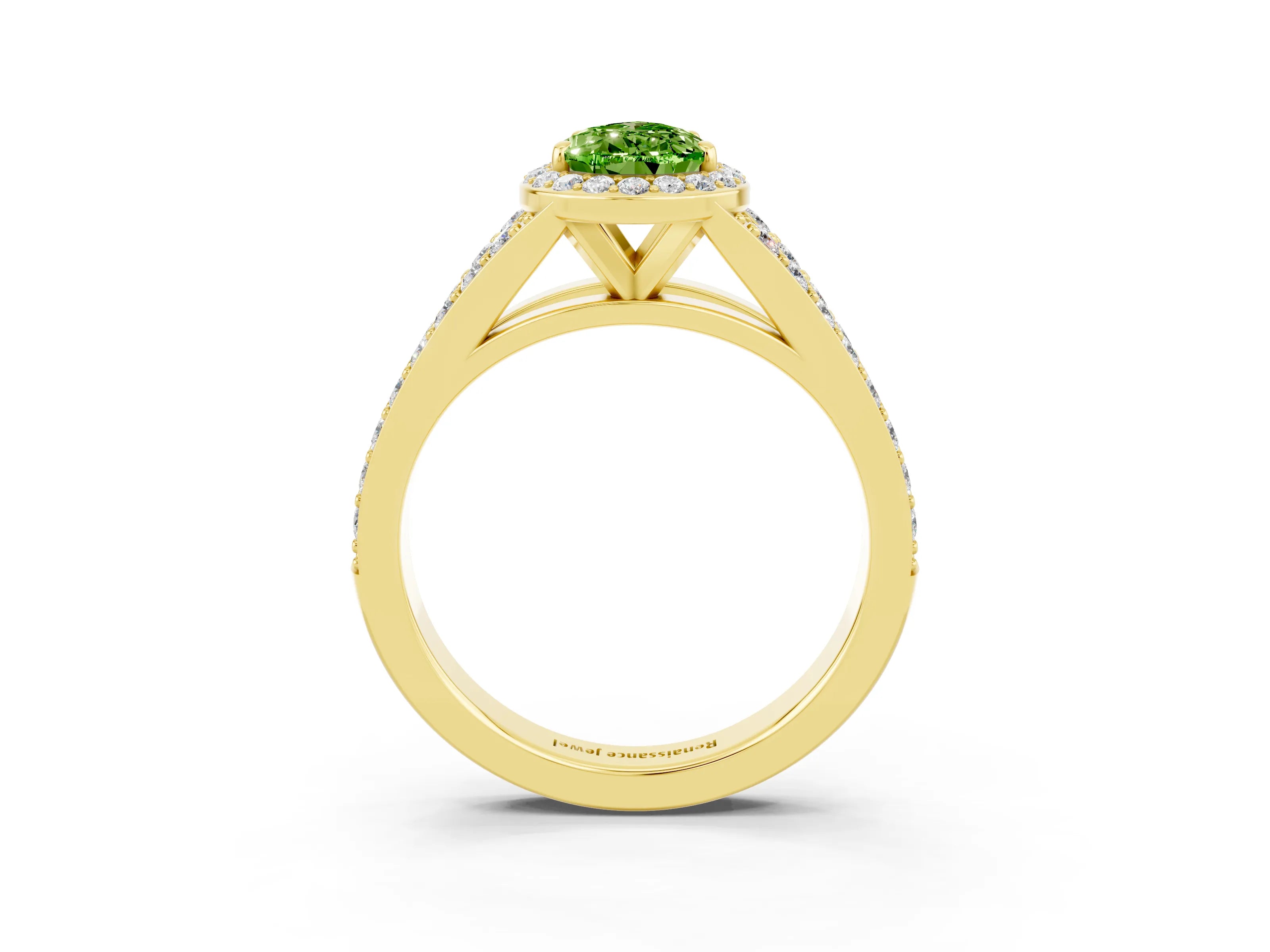 Yellow gold Pear Cut Peridot Split Shank Halo Ring with Four-Prong Setting_15