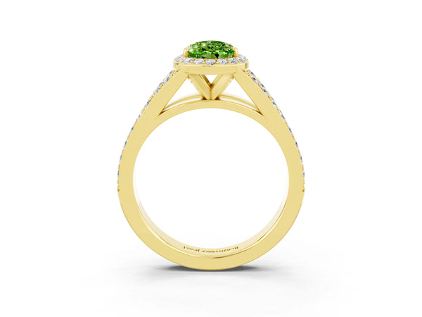 Yellow gold Pear Cut Peridot Split Shank Halo Ring with Four-Prong Setting
