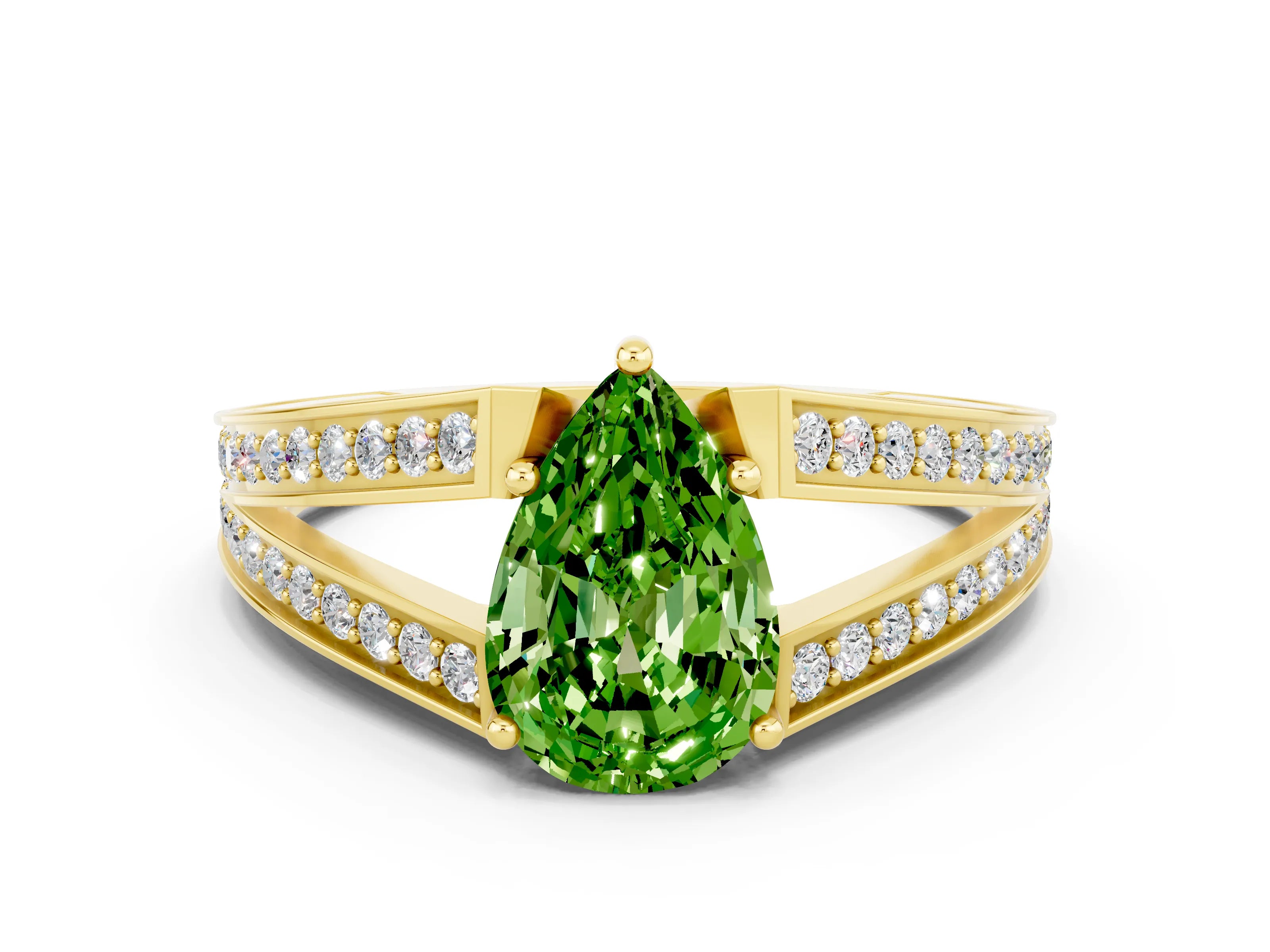 Yellow gold Pear Cut Peridot Split Shank Ring with Pavé Band and Four-Prong Setting