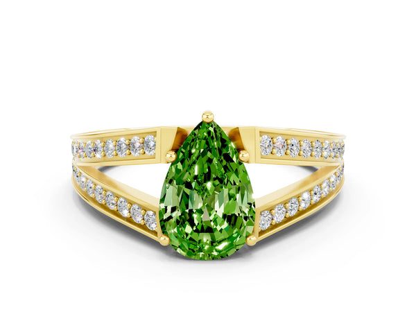 Yellow gold Pear Cut Peridot Split Shank Ring with Pavé Band and Four-Prong Setting
