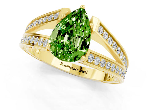 Yellow gold Pear Cut Peridot Split Shank Ring with Pavé Band and Four-Prong Setting_1