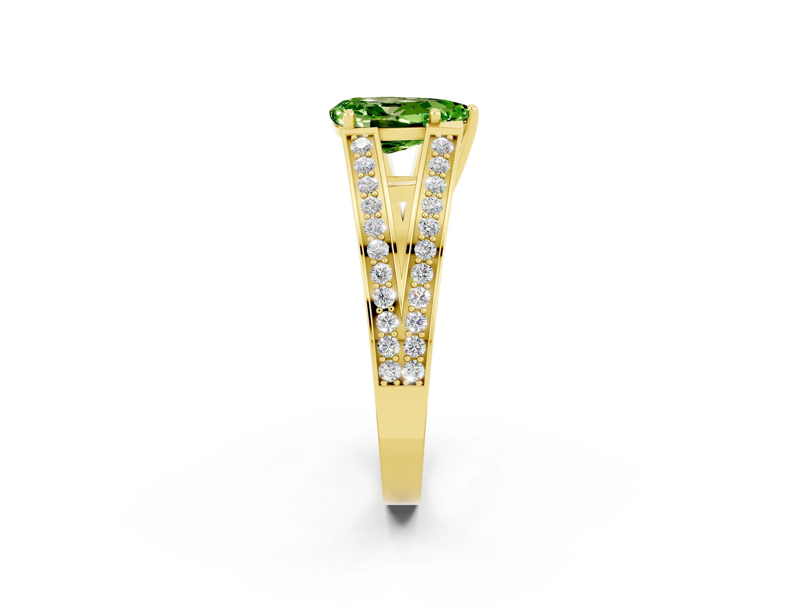 Yellow gold Pear Cut Peridot Split Shank Ring with Pavé Band and Four-Prong Setting_2