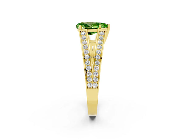 Yellow gold Pear Cut Peridot Split Shank Ring with Pavé Band and Four-Prong Setting
