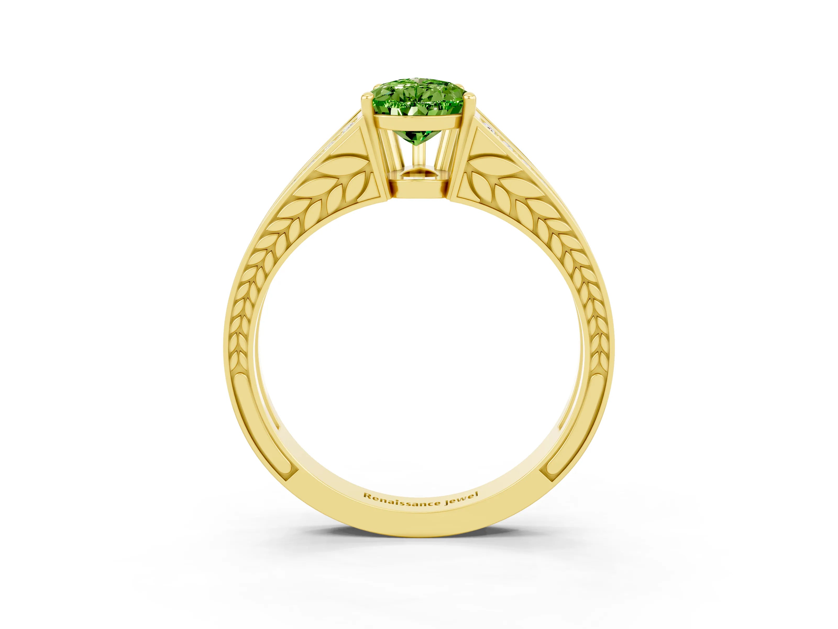 Yellow gold Pear Cut Peridot Split Shank Ring with Pavé Band and Four-Prong Setting_3