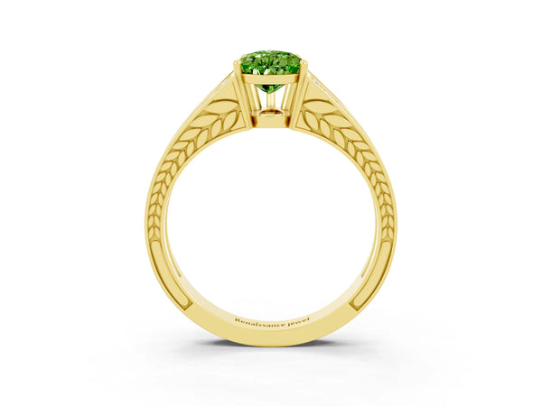 Yellow gold Pear Cut Peridot Split Shank Ring with Pavé Band and Four-Prong Setting