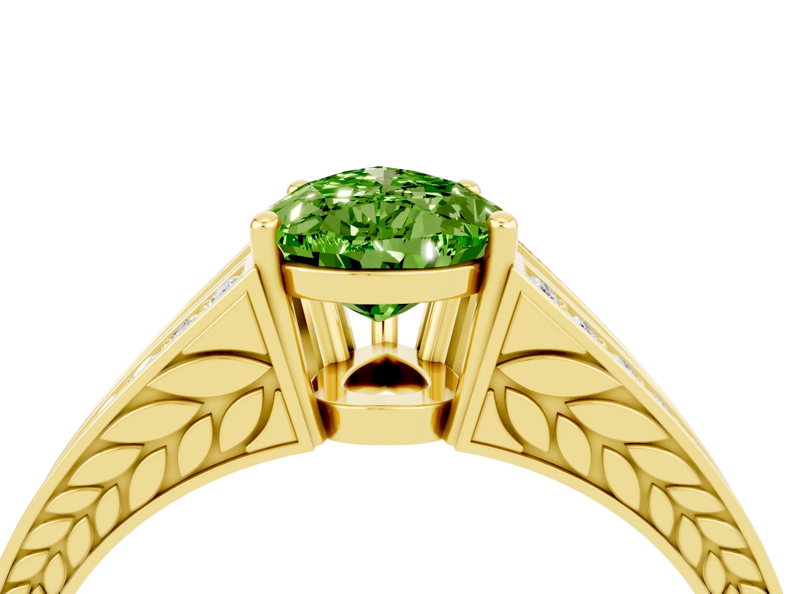 Yellow gold Pear Cut Peridot Split Shank Ring with Pavé Band and Four-Prong Setting_4