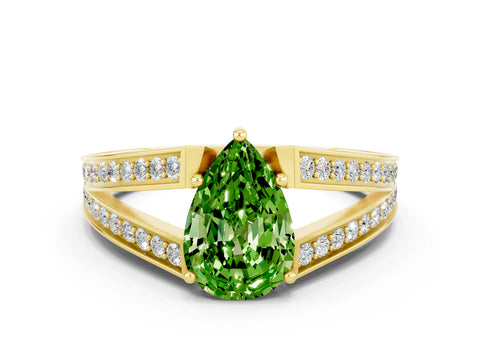 Yellow gold Pear Cut Peridot Split Shank Ring with Pavé Band and Four-Prong Setting
