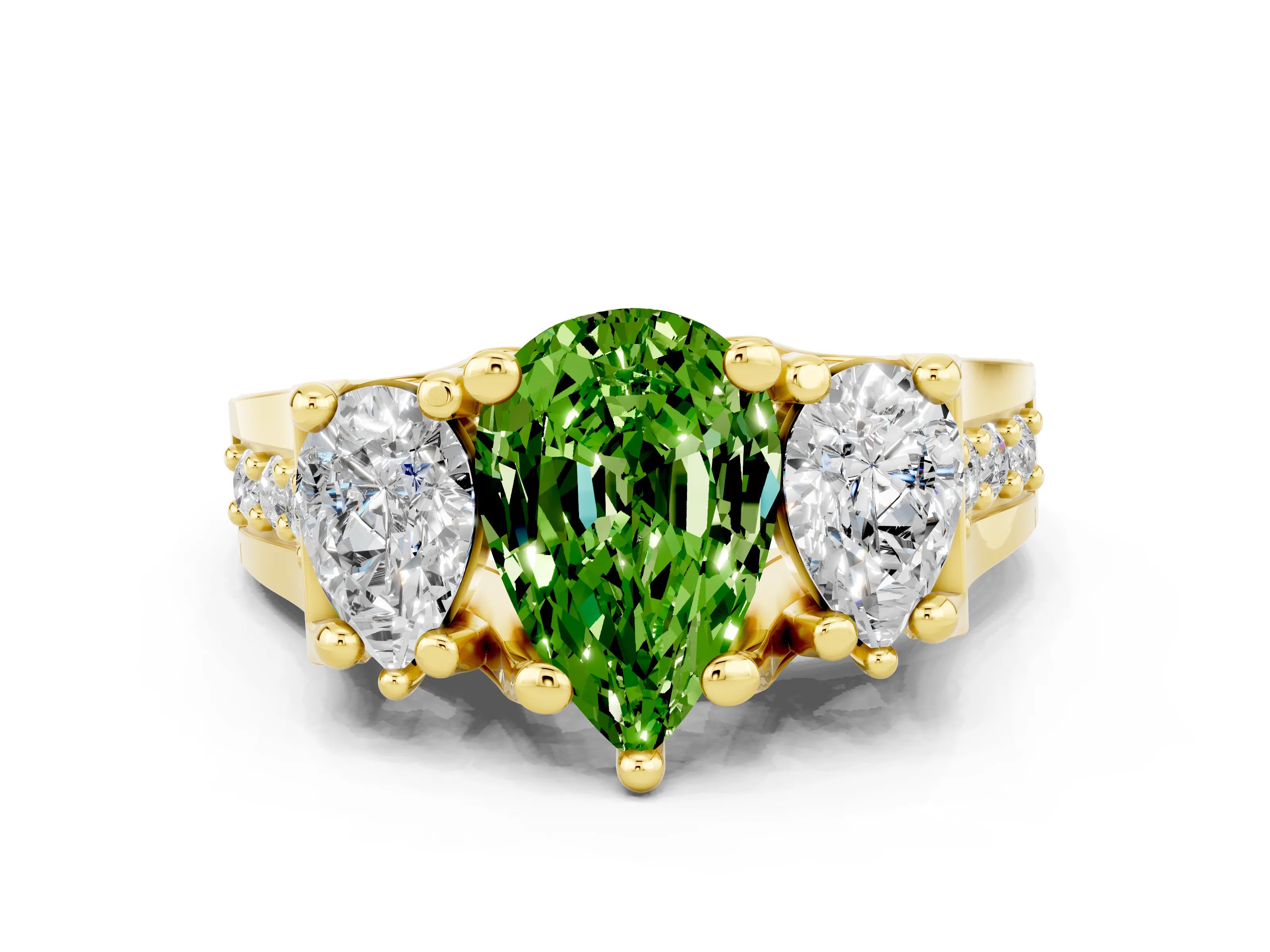 Yellow gold Pear Cut Peridot Three-Stone Ring with Channel Set Band and Four-Prong Setting
