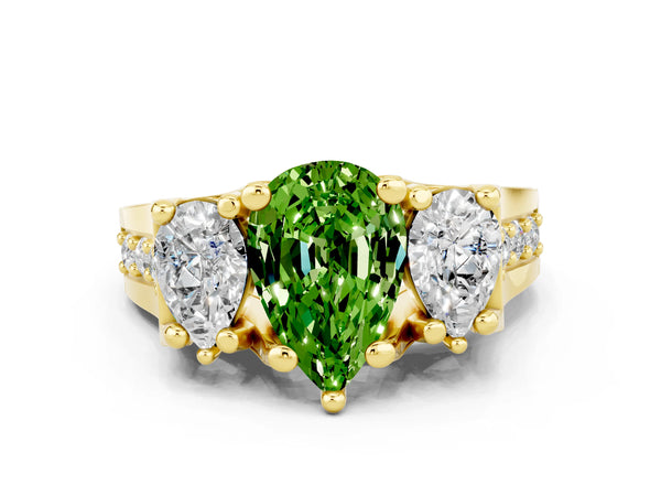 Yellow gold Pear Cut Peridot Three-Stone Ring with Channel Set Band and Four-Prong Setting