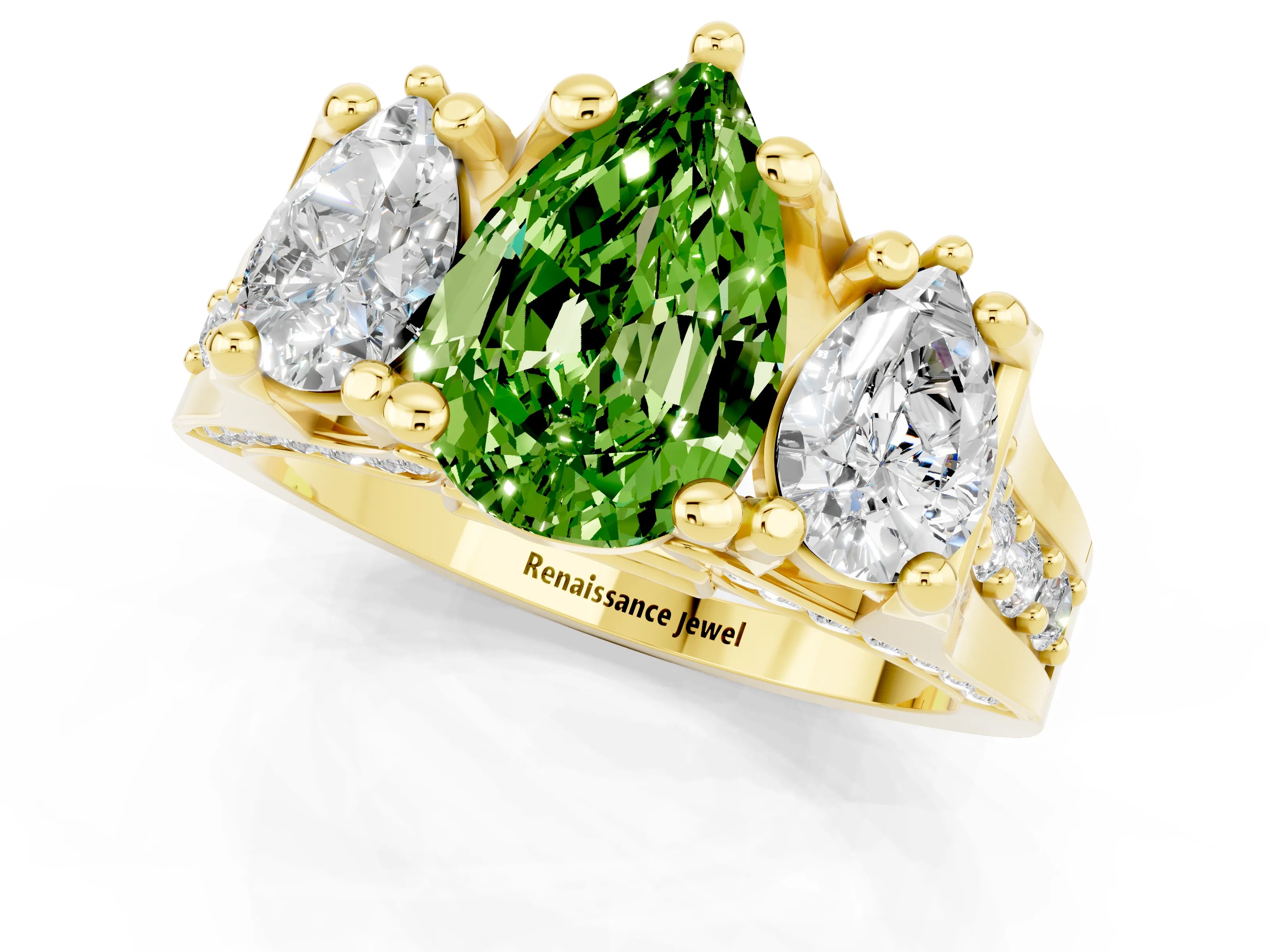 Yellow gold Pear Cut Peridot Three-Stone Ring with Channel Set Band and Four-Prong Setting_1