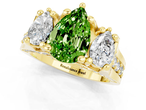 Yellow gold Pear Cut Peridot Three-Stone Ring with Channel Set Band and Four-Prong Setting_1