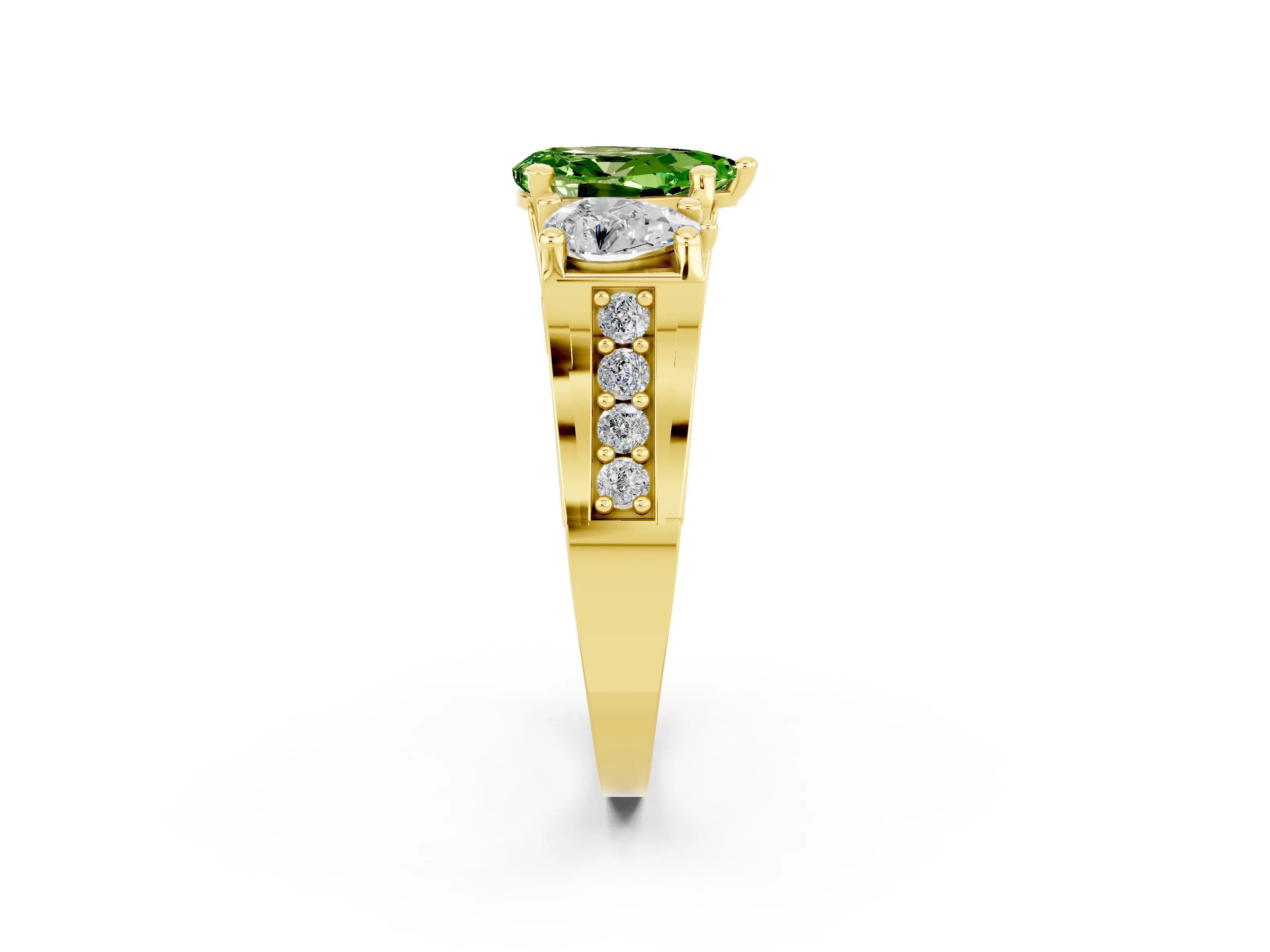 Yellow gold Pear Cut Peridot Three-Stone Ring with Channel Set Band and Four-Prong Setting_2