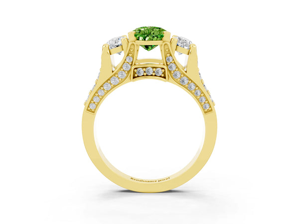 Yellow gold Pear Cut Peridot Three-Stone Ring with Channel Set Band and Four-Prong Setting