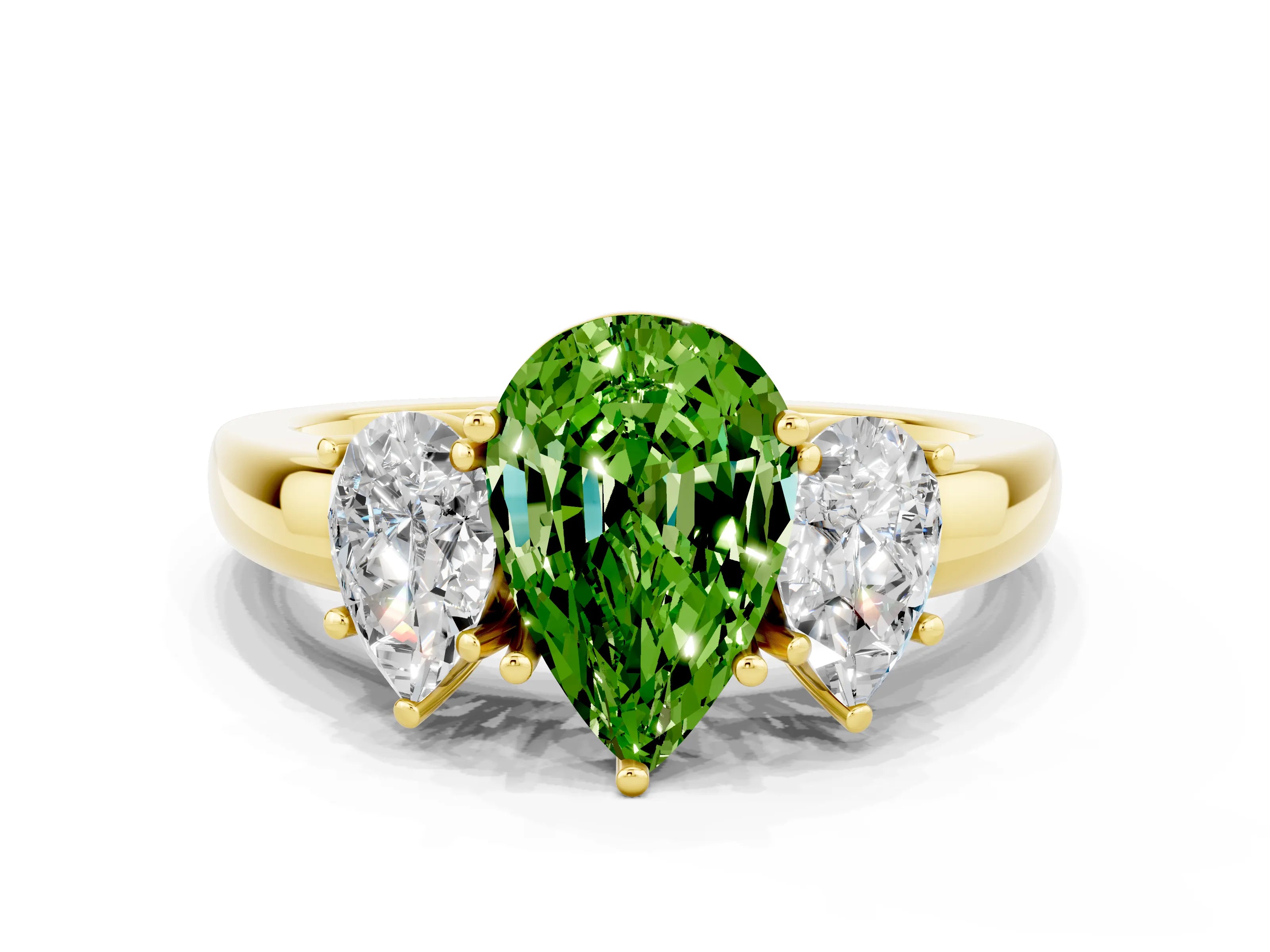 Yellow gold Pear Cut Peridot Three-Stone Ring with Four-Prong Setting and Classic Band