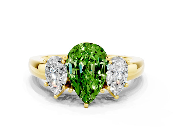 Yellow gold Pear Cut Peridot Three-Stone Ring with Four-Prong Setting and Classic Band