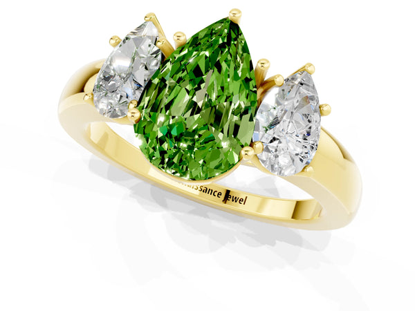 Yellow gold Pear Cut Peridot Three-Stone Ring with Four-Prong Setting and Classic Band
