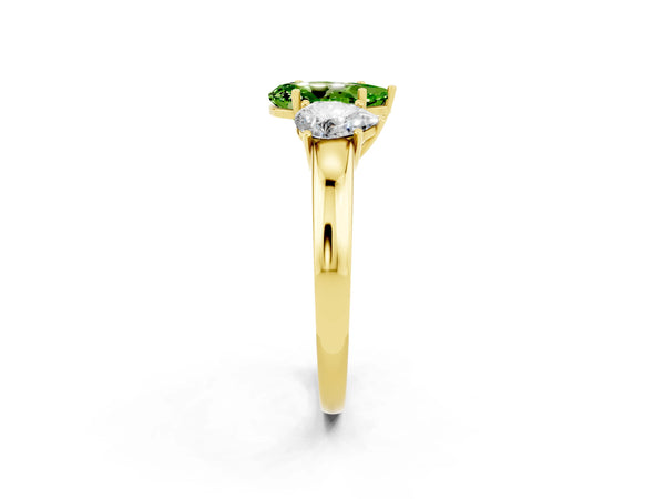 Yellow gold Pear Cut Peridot Three-Stone Ring with Four-Prong Setting and Classic Band