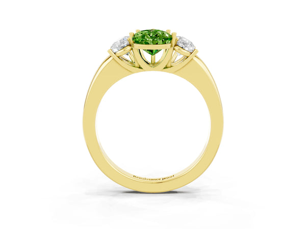 Yellow gold Pear Cut Peridot Three-Stone Ring with Four-Prong Setting and Classic Band