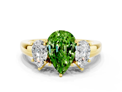 Yellow gold Pear Cut Peridot Three-Stone Ring with Four-Prong Setting and Classic Band