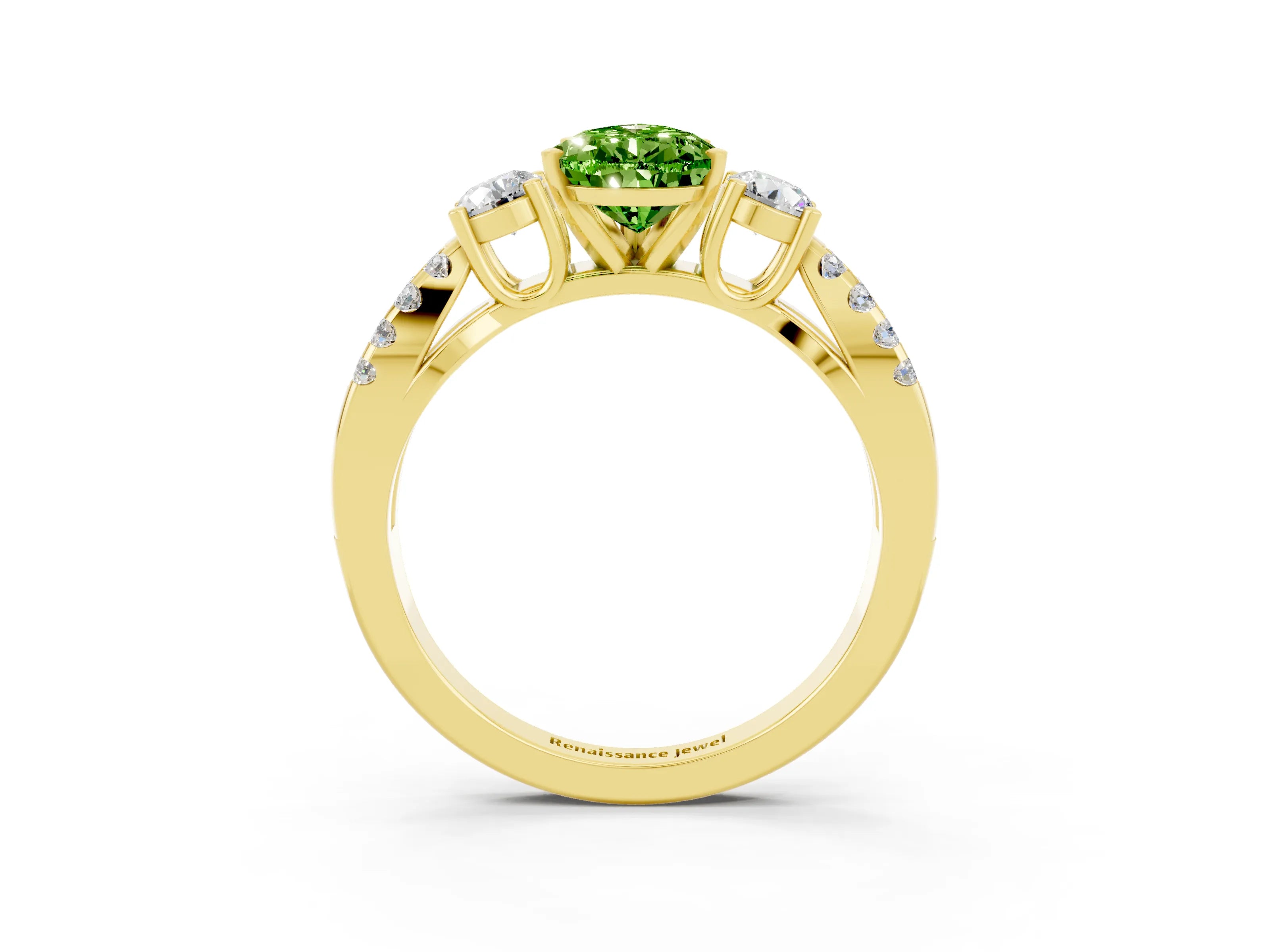 Yellow gold Pear Cut Peridot Three-Stone Ring with Pavé Split Shank and Four-Prong Setting_15