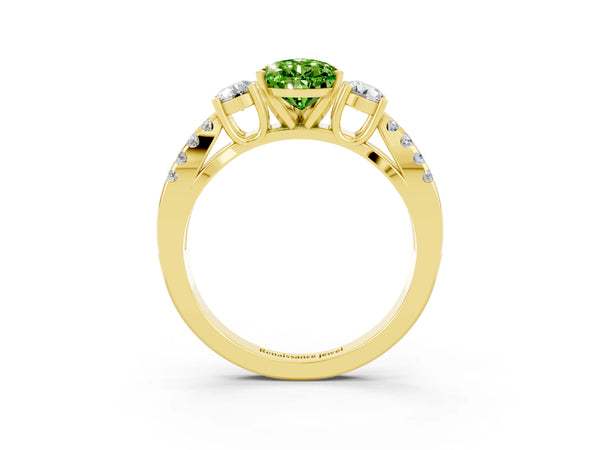 Yellow gold Pear Cut Peridot Three-Stone Ring with Pavé Split Shank and Four-Prong Setting