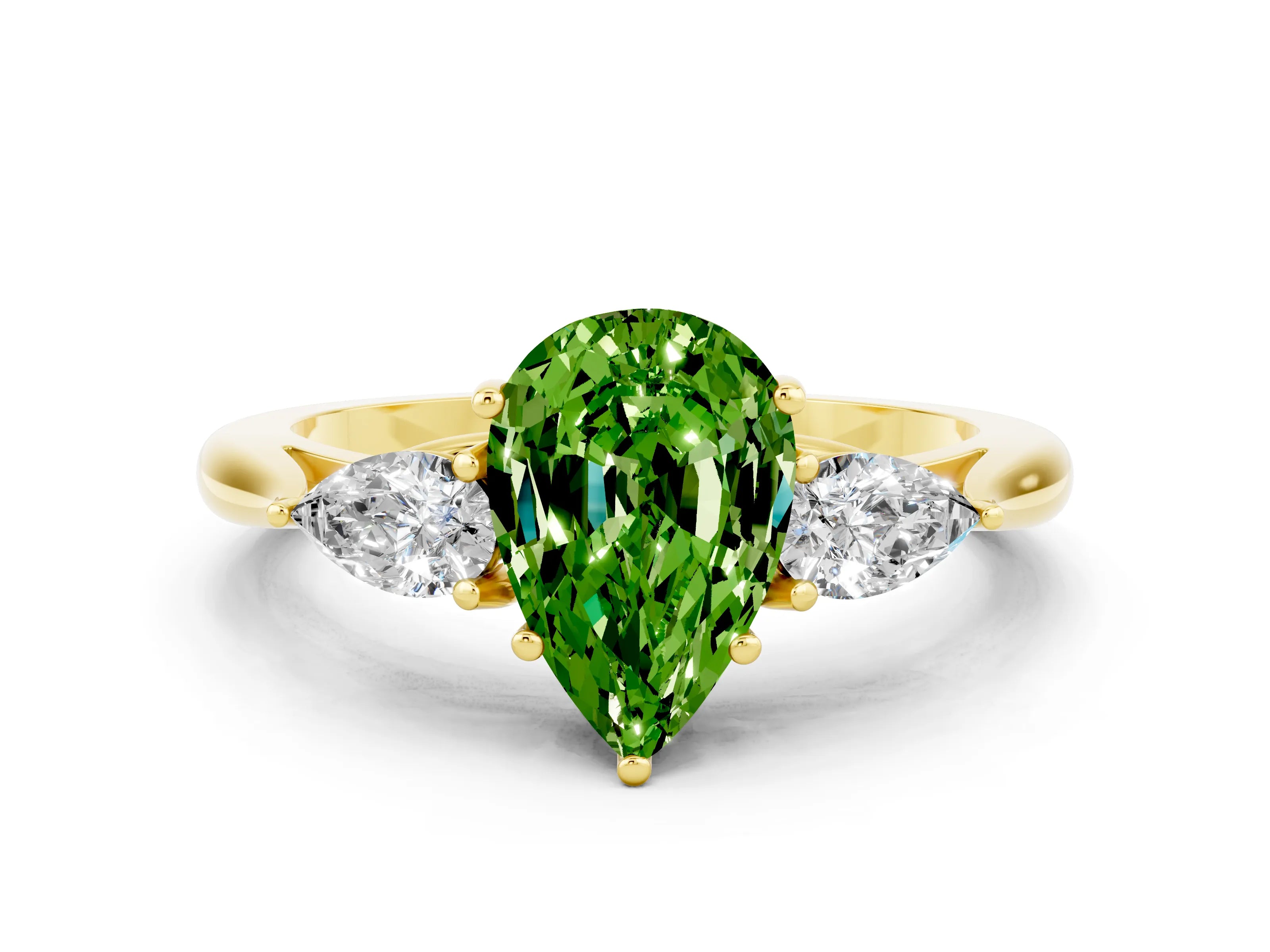 Yellow gold Pear Cut Peridot Three-Stone Ring with Pear Side Stones and Four-Prong Setting_12