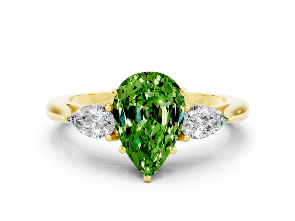 Yellow gold Pear Cut Peridot Three-Stone Ring with Pear  Side Stones and Prong Setting