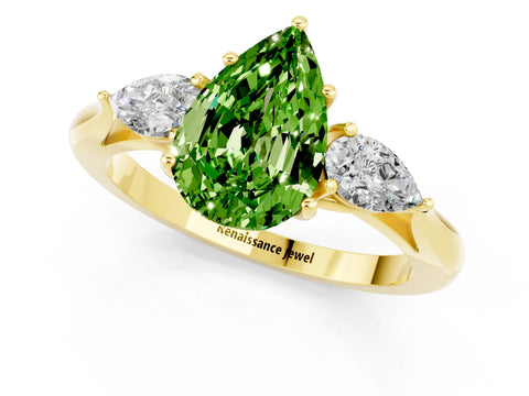 Yellow gold Pear Cut Peridot Three-Stone Ring with Pear Side Stones and Four-Prong Setting_13