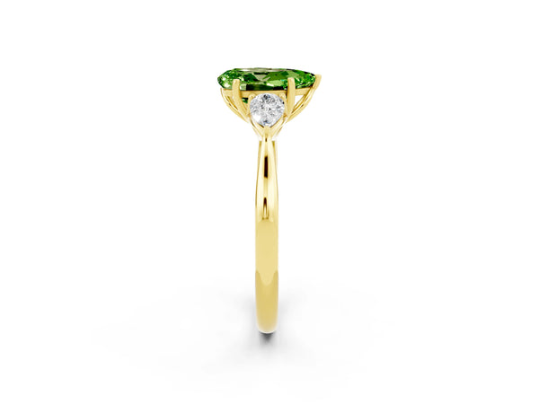 Yellow gold Pear Cut Peridot Three-Stone Ring with Pear  Side Stones and Prong Setting