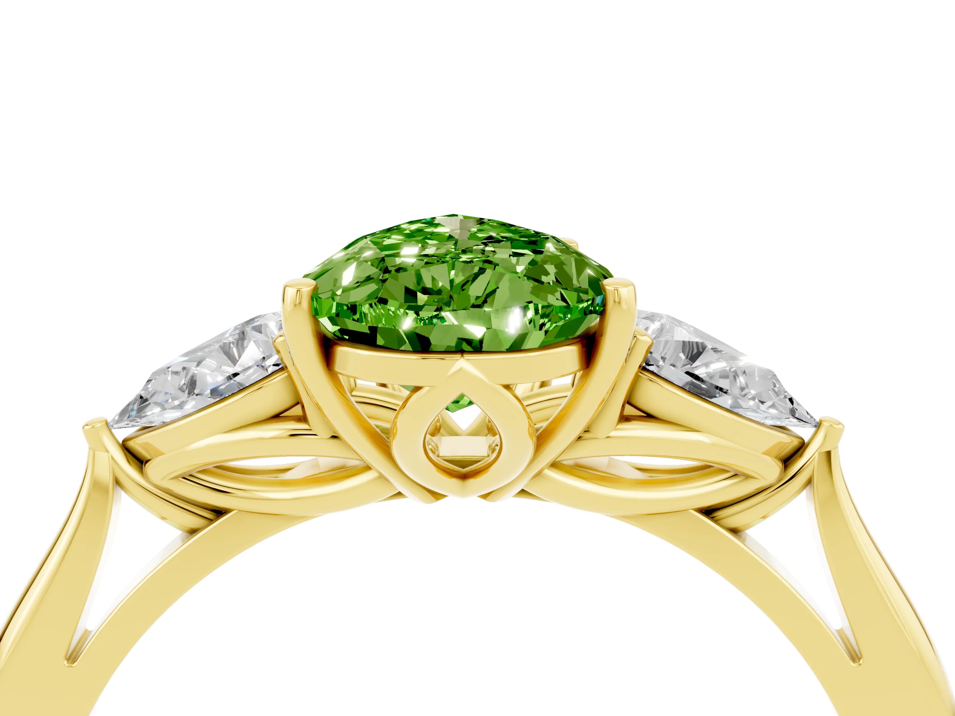 Yellow gold Pear Cut Peridot Three-Stone Ring with Pear Side Stones and Four-Prong Setting_16