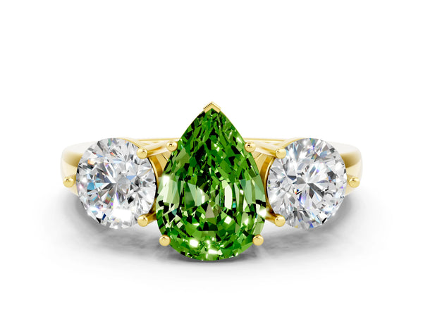 Yellow gold Pear Cut Peridot Three-Stone Ring with Prong Setting and Classic Band