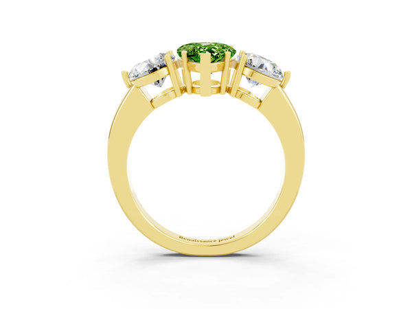 Yellow gold Pear Cut Peridot Three-Stone Ring with Prong Setting and Classic Band