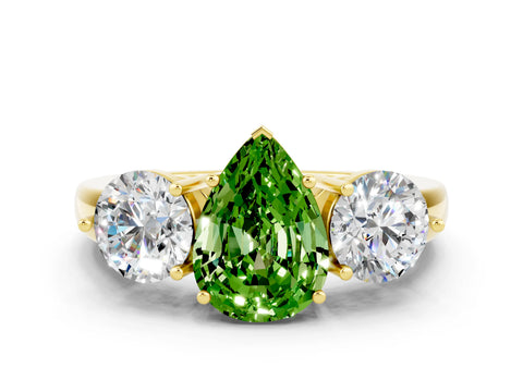 Yellow gold Pear Cut Peridot Three-Stone Ring with Prong Setting and Classic Band