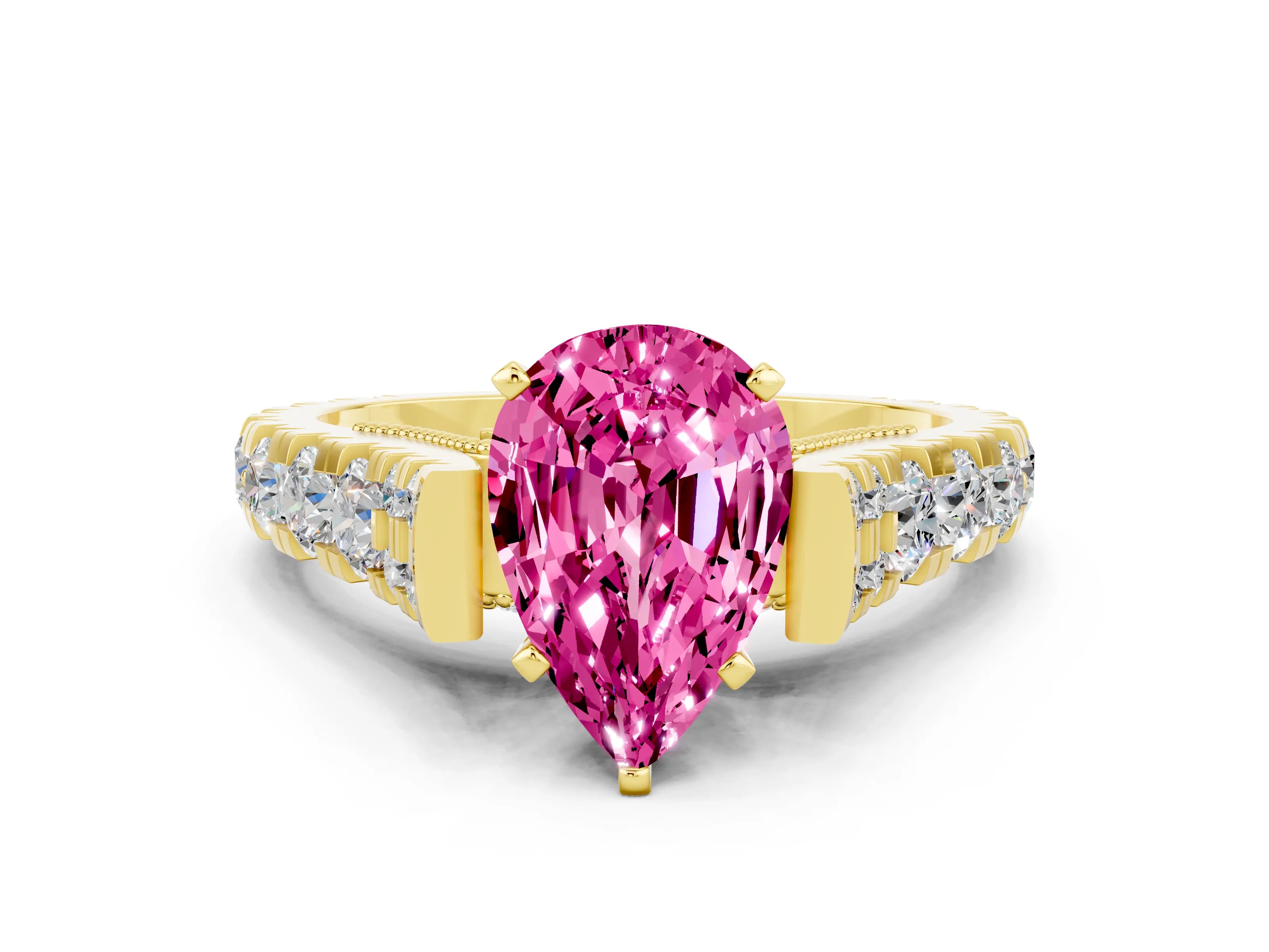 Yellow gold Pear Cut Pink Sapphire Classic Solitaire Ring with Pavé Band and Four-Prong Setting_12