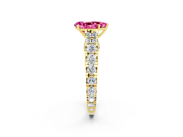 Yellow gold Pear Cut Pink Sapphire Classic Solitaire Ring with Pavé Band and Four-Prong Setting
