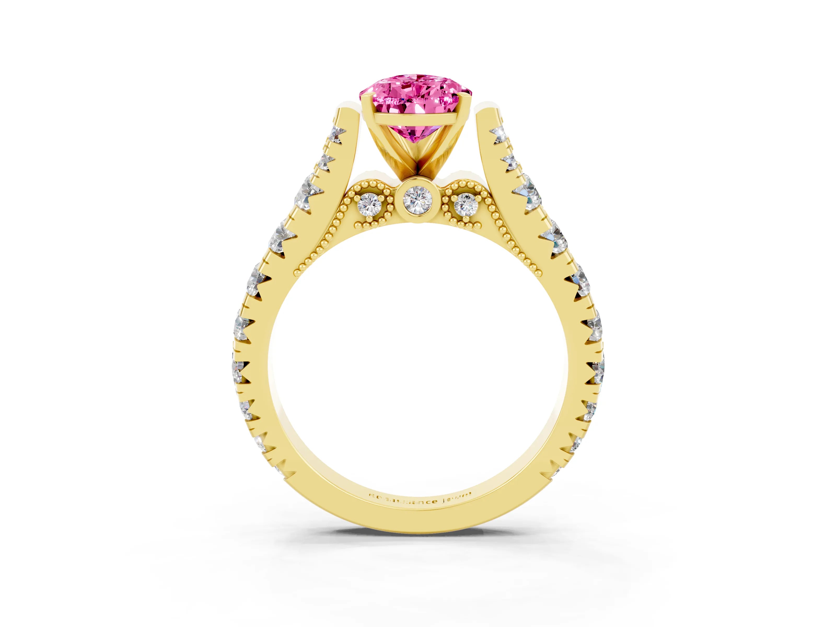 Yellow gold Pear Cut Pink Sapphire Classic Solitaire Ring with Pavé Band and Four-Prong Setting_15