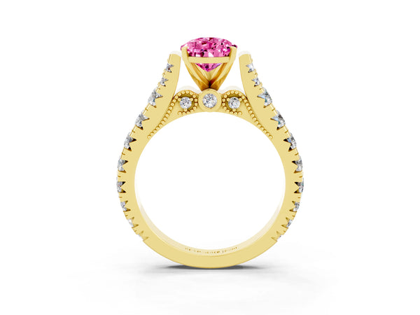 Yellow gold Pear Cut Pink Sapphire Classic Solitaire Ring with Pavé Band and Four-Prong Setting
