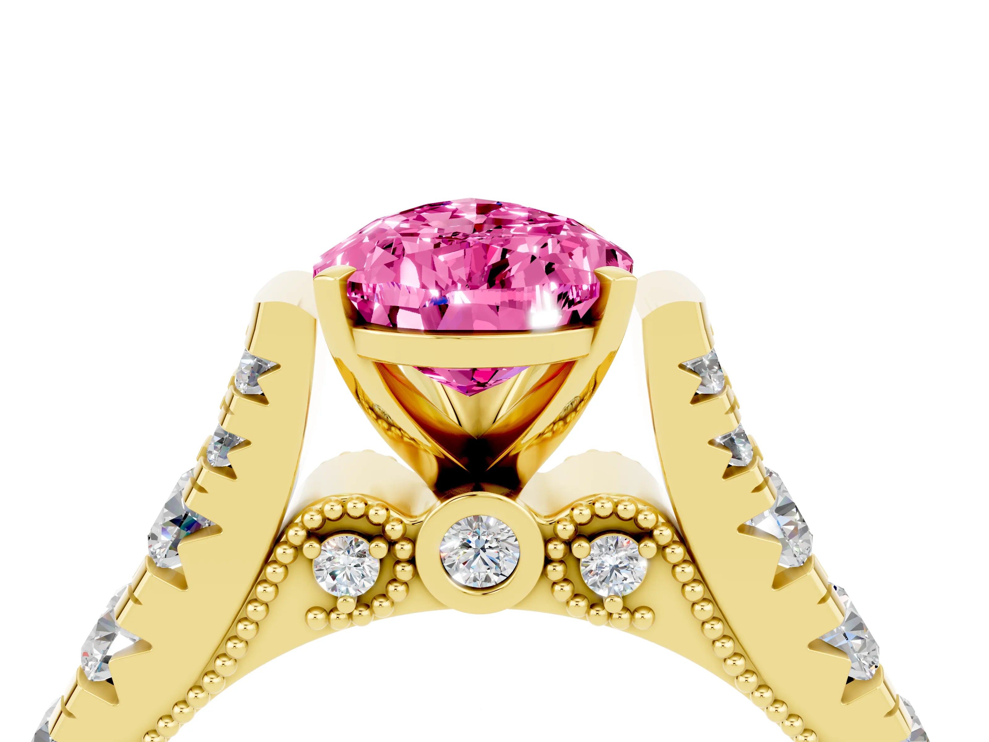 Yellow gold Pear Cut Pink Sapphire Classic Solitaire Ring with Pavé Band and Four-Prong Setting_16