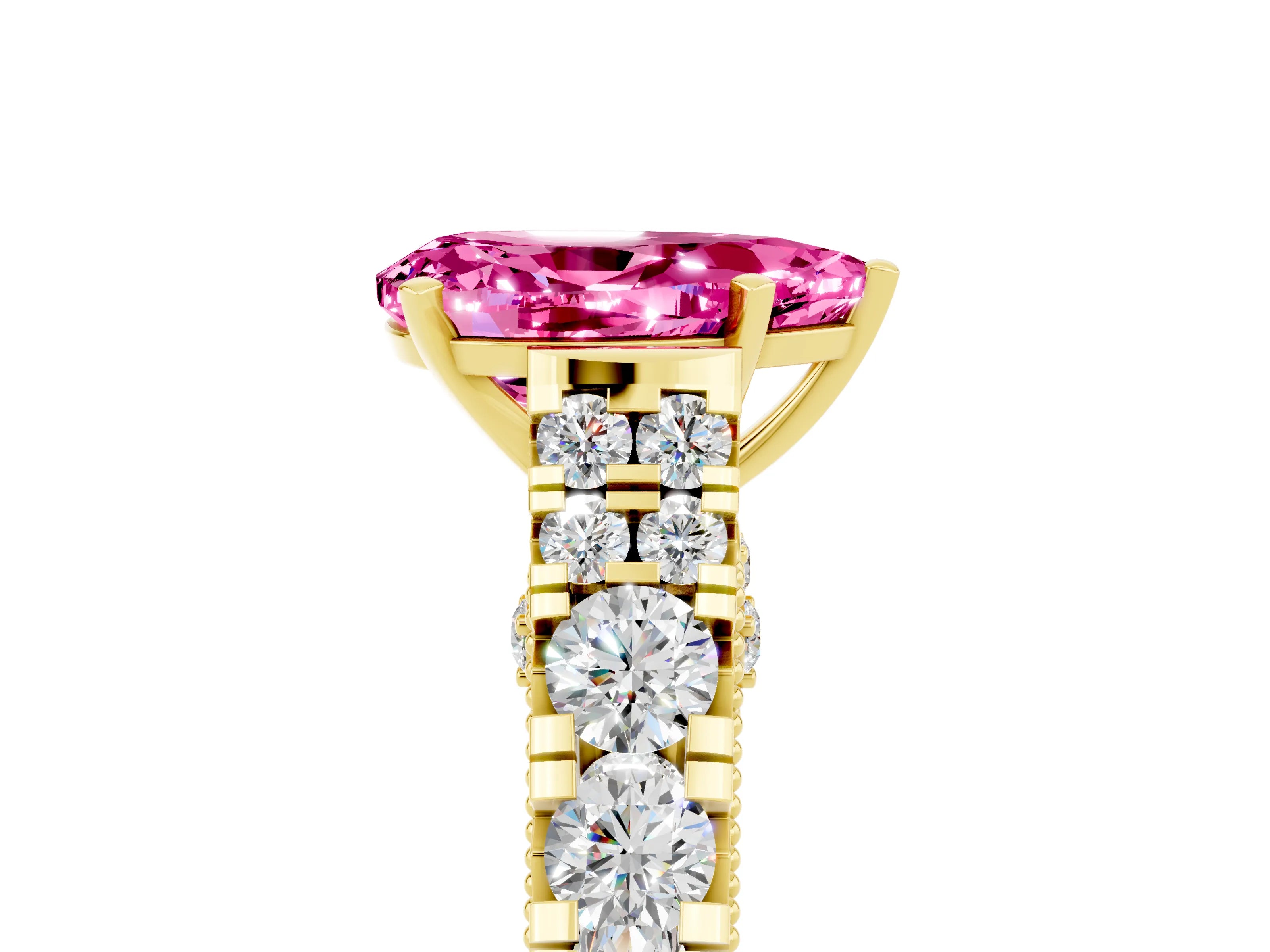 Yellow gold Pear Cut Pink Sapphire Classic Solitaire Ring with Pavé Band and Four-Prong Setting_17