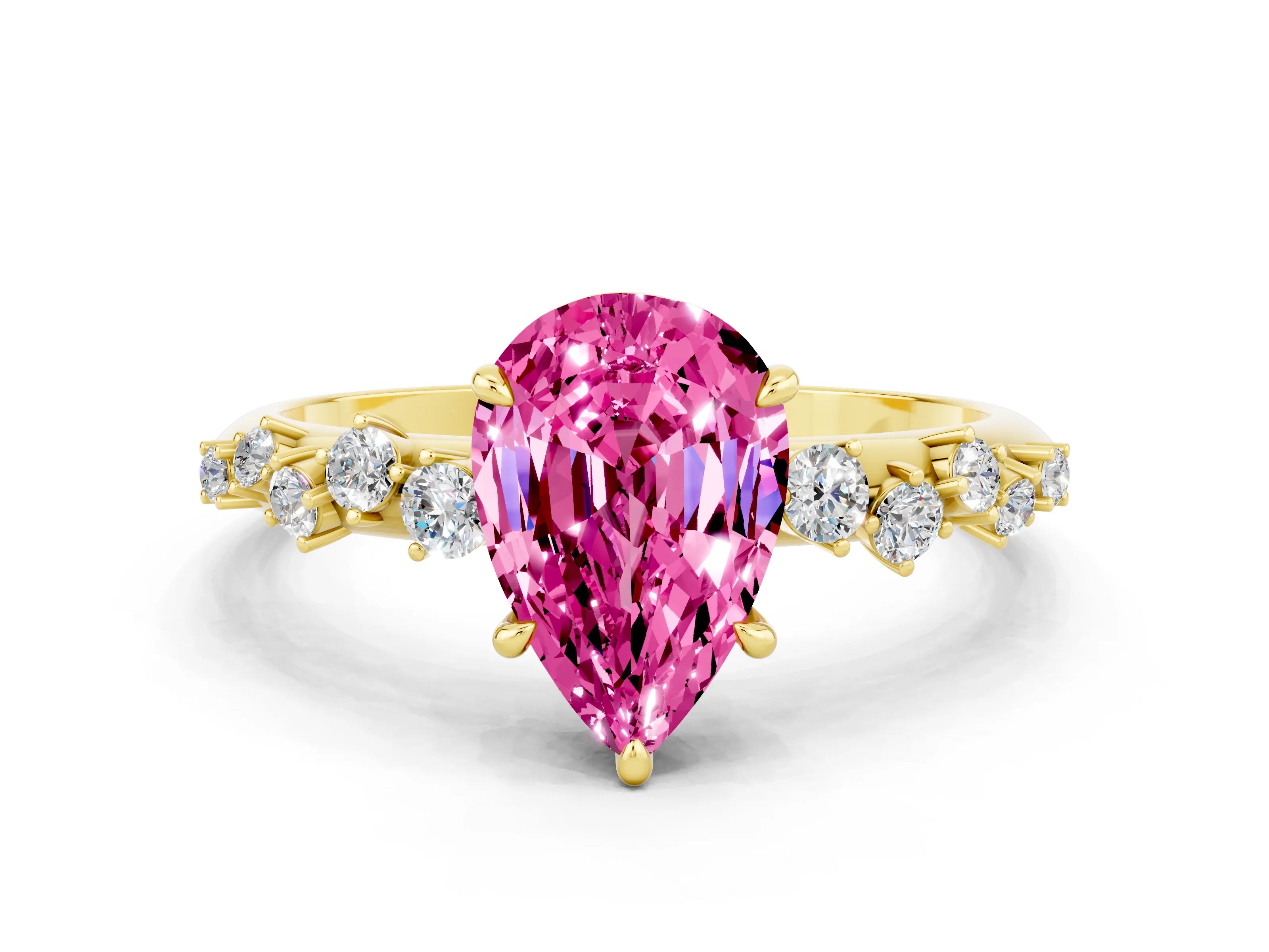 Yellow gold Pear Cut Pink Sapphire Cluster Side Stone Solitaire Ring with Prong Setting_71