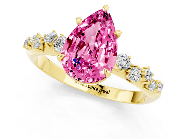 Yellow gold Pear Cut Pink Sapphire Cluster Side Stone Solitaire Ring with Prong Setting