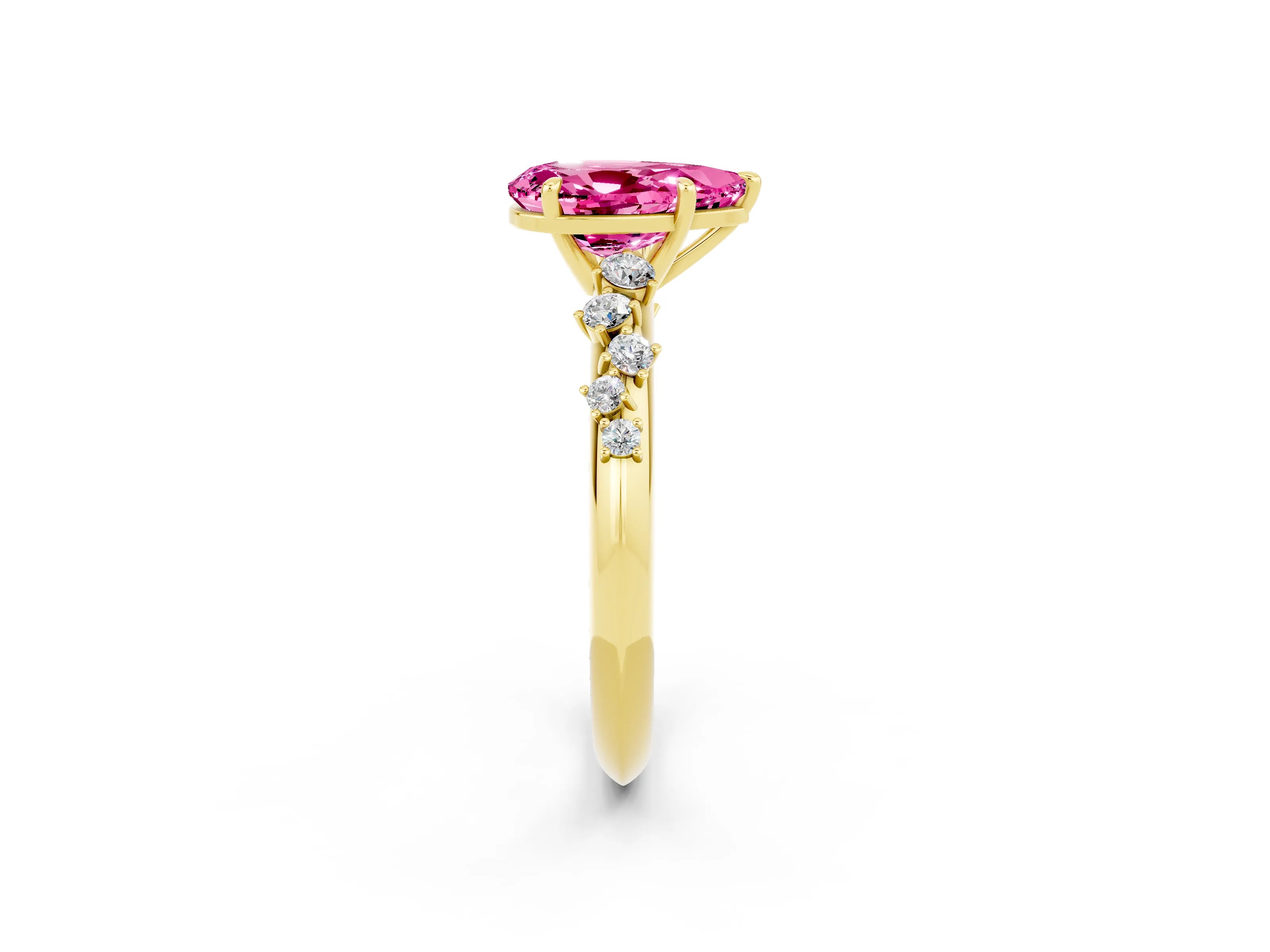 Yellow gold Pear Cut Pink Sapphire Cluster Side Stone Solitaire Ring with Prong Setting_73