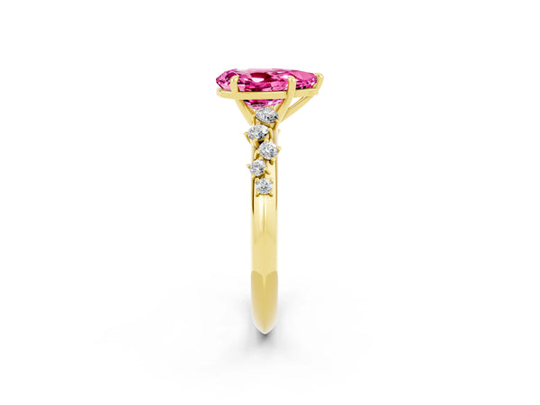 Yellow gold Pear Cut Pink Sapphire Cluster Side Stone Solitaire Ring with Prong Setting