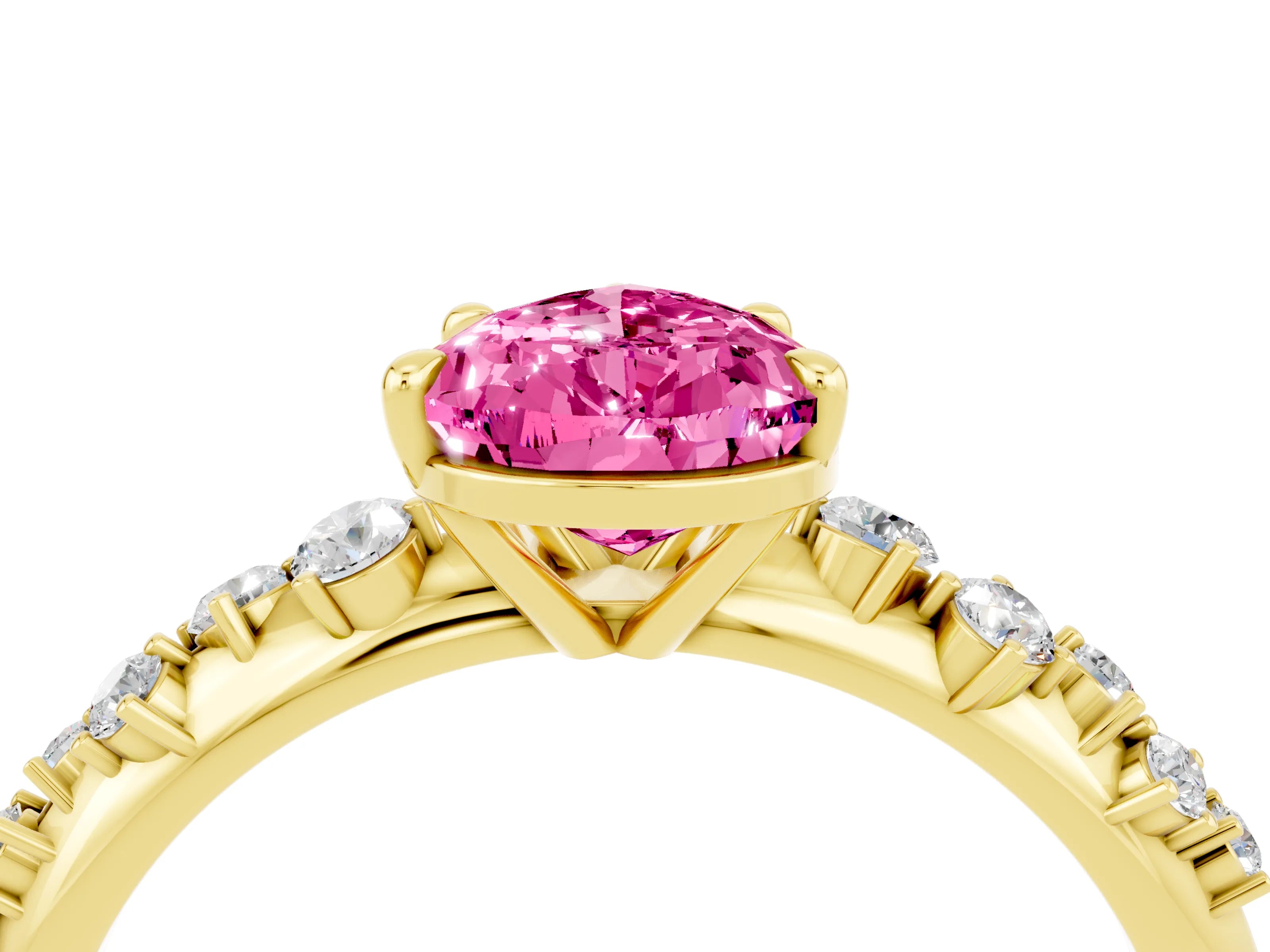 Yellow gold Pear Cut Pink Sapphire Cluster Side Stone Solitaire Ring with Prong Setting_75