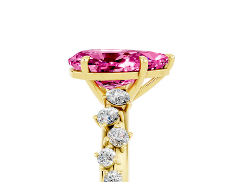 Yellow gold Pear Cut Pink Sapphire Cluster Side Stone Solitaire Ring with Prong Setting_76